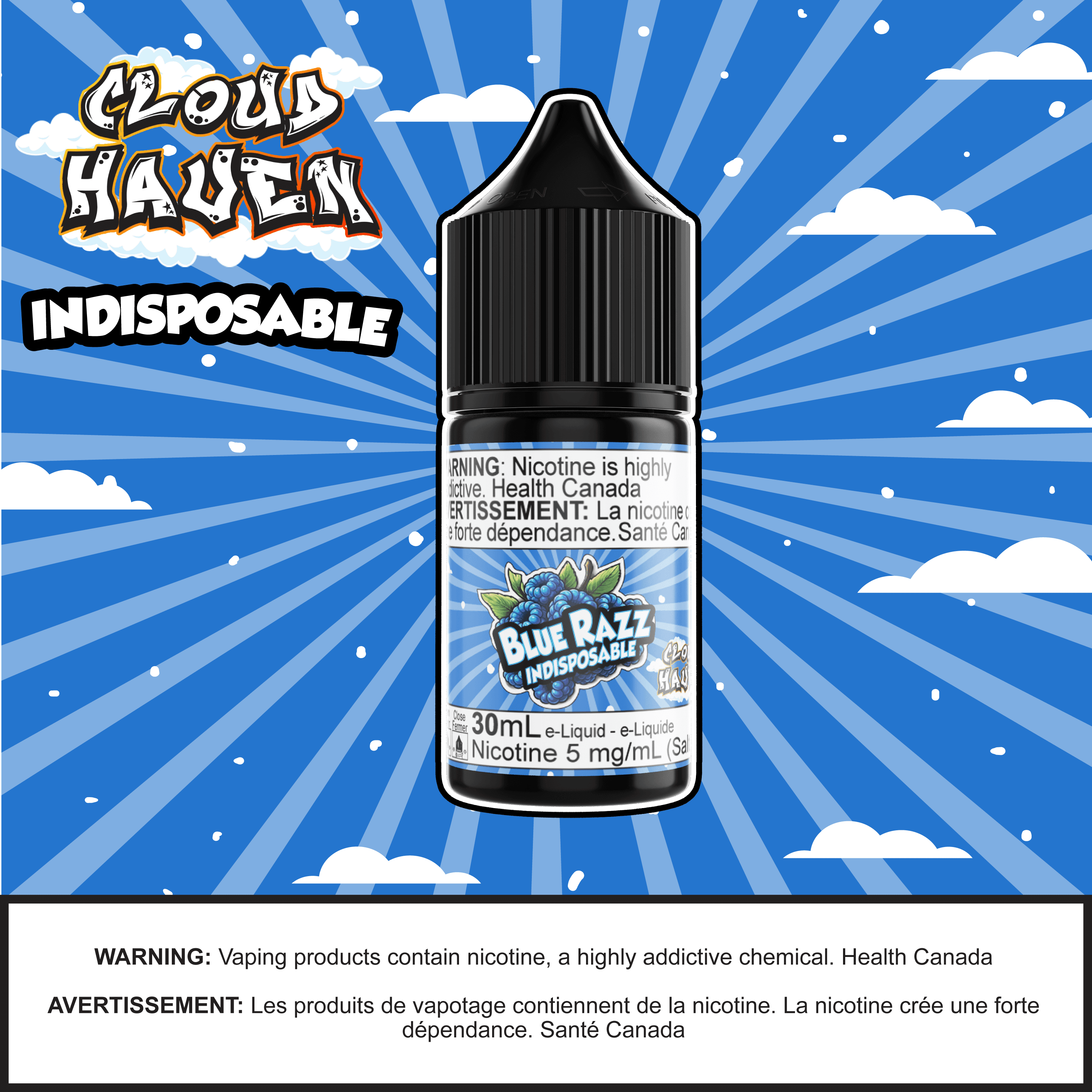 Cloud Haven - INDISPOSABLE Blue Razz salt nicotine e-liquid bottle